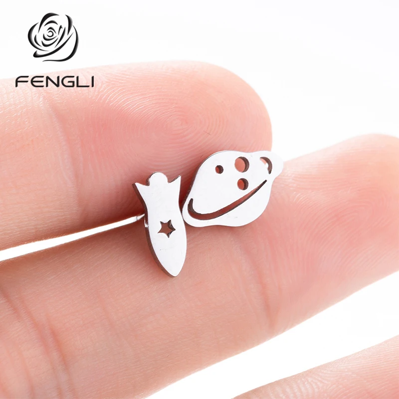 Женские серьги гвоздики FENGLI из нержавеющей стали с космическим кораблем и Марсом