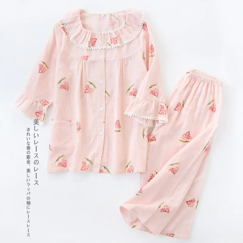 Корейская сладкая принцесса одежда для сна для женщин Лето хлопок укороченные брюки летние пижамы японская кавайная Пижама наборы для женщин Новинка - Цвет: QF19810A-5