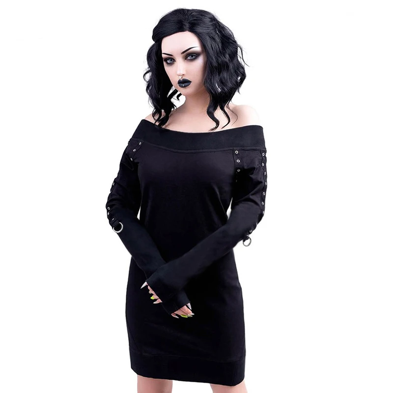 InstaHot/черное платье с открытыми плечами в готическом стиле в стиле панк, женское хлопковое облегающее платье с длинным рукавом, осенняя модная одежда на Хэллоуин
