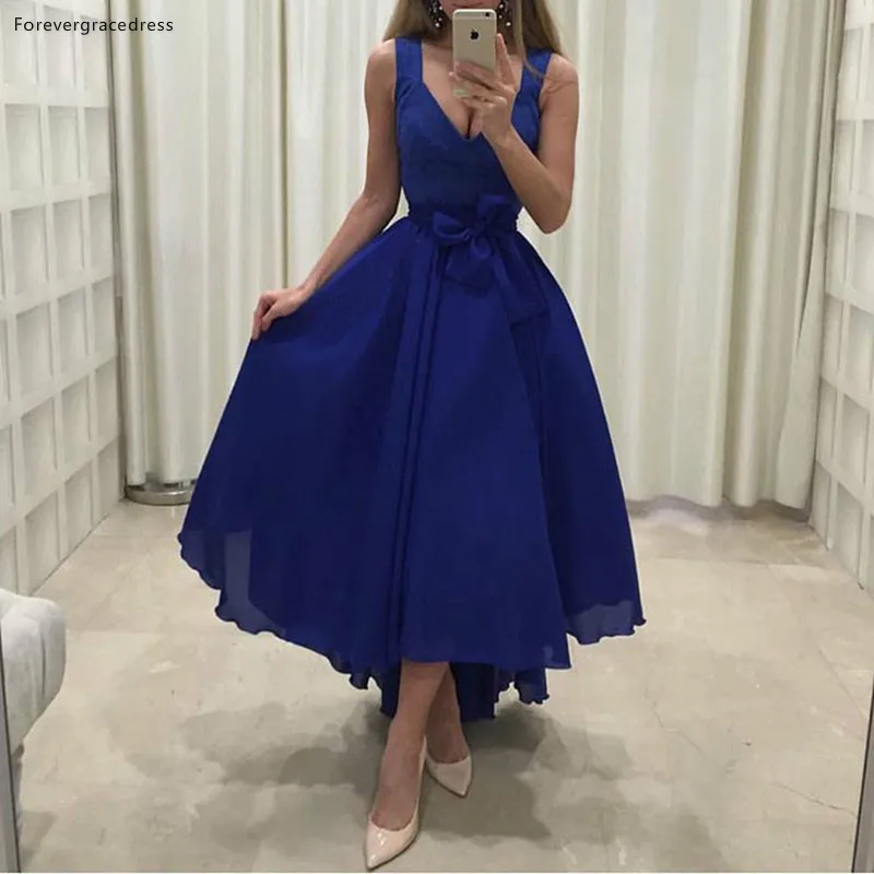 

Royal Blue Prom Dress Sexy Deep V-neck High Low Special Occasion Party Gown