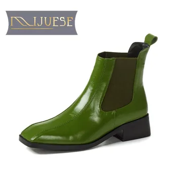 

MLJUESE 2021 women Ankle boots Cow leather Winter short plush Square Toe Med heels female Riding boots size 39