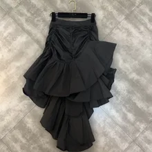DEAT Spring Summer High Waist Elastic Ruffles Pleated Black Long Skirt Women MF901