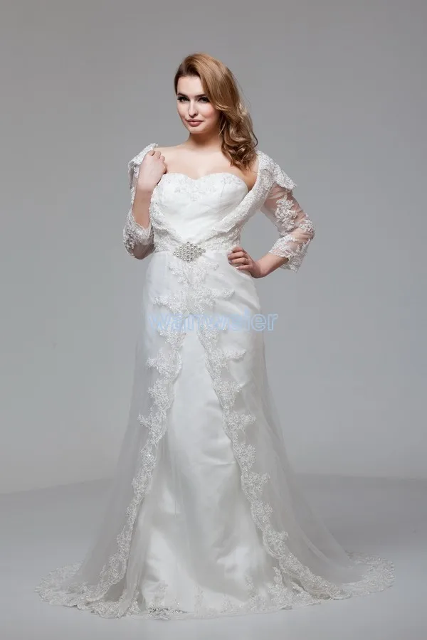 

free shipping 2016 new design hot custom size/color bridal gown Muslim with lace jacket long sleeve white/ivory wedding dress