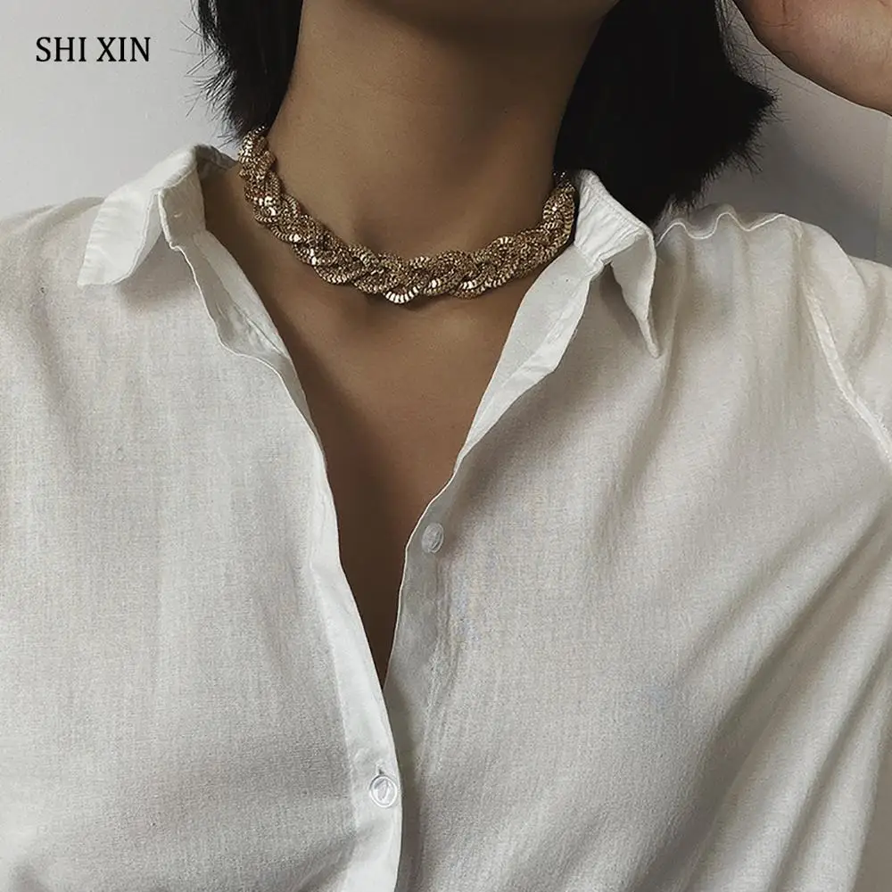 

SHIXIN Designer Hip Hop Weave Chain Choker Necklace for Women Gold Short Punk Choker Collar Statement Fashion Collier Femme 2019
