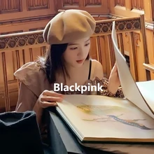 Kpop черно-розовый Jisoo зимний теплый уличный шерстяной берет для женщин и девушек, британский стиль, Шапка-бини для художников, Женская кавайная Кепка цвета хаки