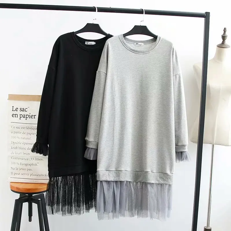 

Plus size dresses for women fashion & Casual autumn winter Loose Splice Mesh one-piece Hoody dress lady S81-8130
