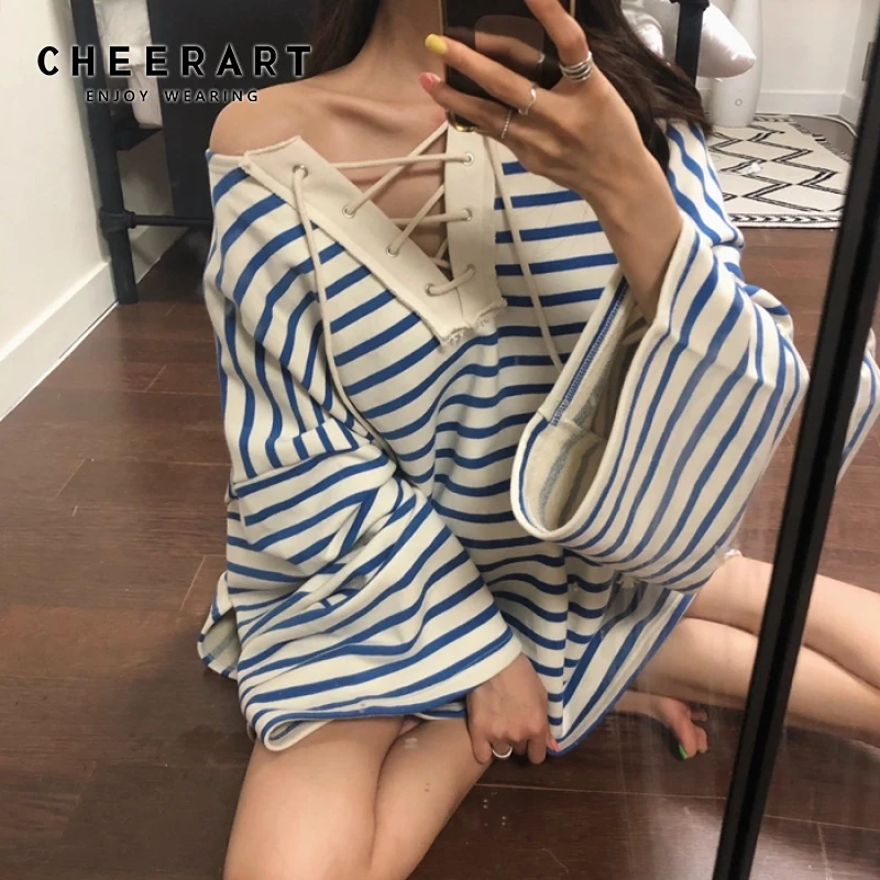 

Cheerart Streetwear Oversized Sweatshirt Striped Loose V Neck Hoodie Bandage Sweetshirt Korean Hoodie Sweat Femme