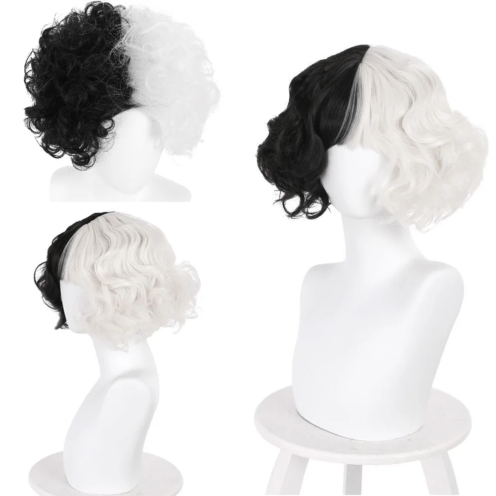 Cosplay&ware Evil Women Half Black White Wig Bad Girl Short Curly Hair Wigs Headwear Demon Cosplay Props 2 Types -Zentai shop online H09f516bcb5ac43d29675749d5cd11b39z.jpg