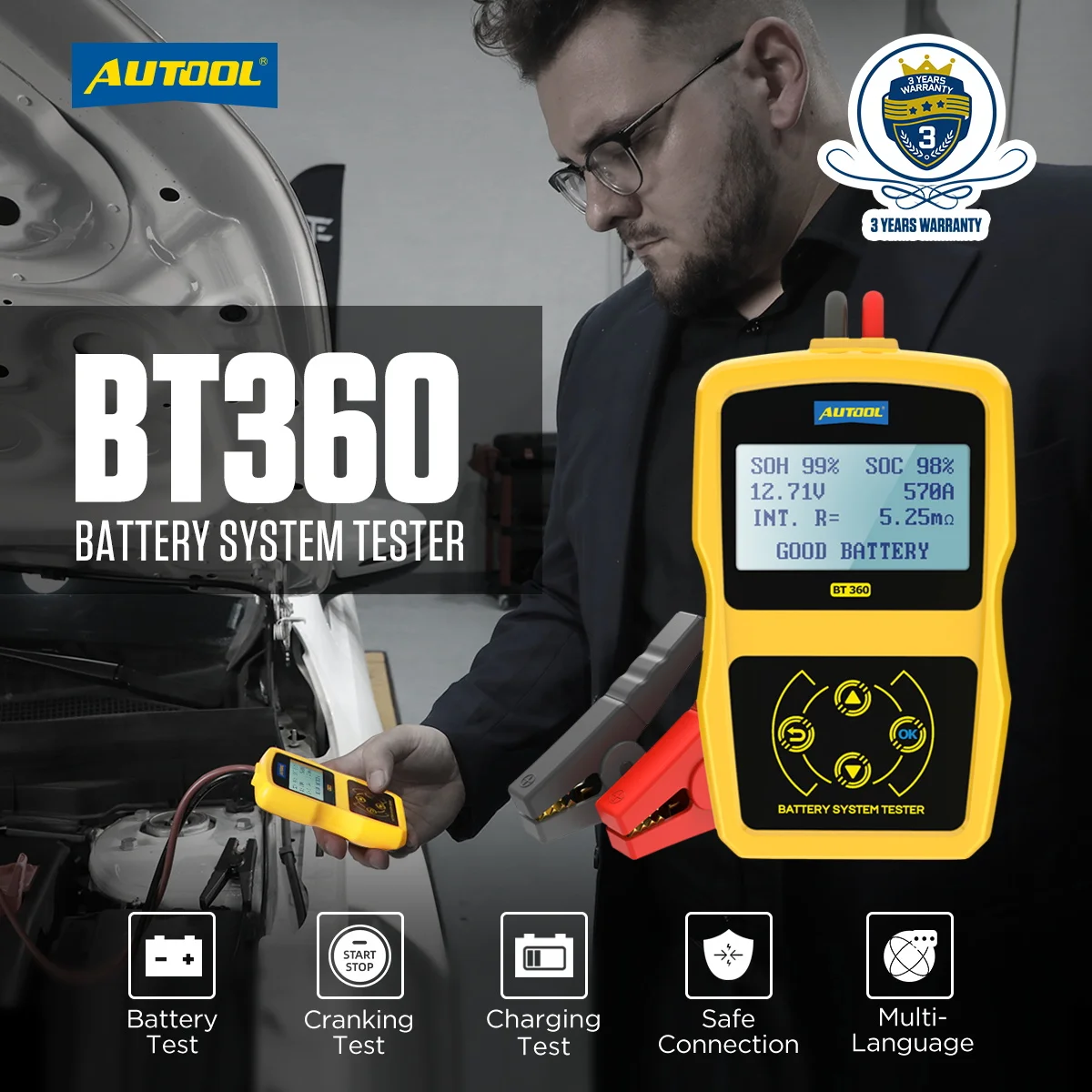 big car inspection equipment AUTOOL BT360 12V Auto Battery Tester 12v Car battery analyzer Cranking Multi-Language Diagnostic Tool Performance than bt460 car battery charger