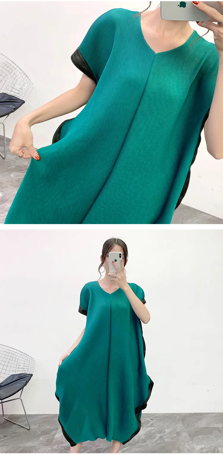 Miyake плиссированные платья трапециевидной формы, одноцветные каскадные оборки, короткие рукава, v-образный вырез, до середины икры, женское платье, Зимняя мода