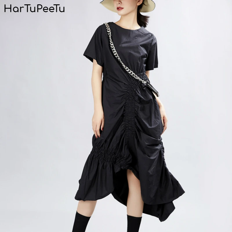 

Summer Dress Women 2020 Plus Size Irregular Hem Pleated Tunic Vestidos Mujer Elegantes White Black Loose Fit Casual Streetwear