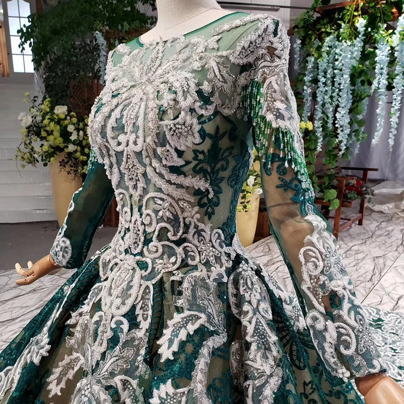 HTL811 зеленое вечернее платье с длинными рукавами, украшенное бусинами и кисточками, кружевное платье с круглым вырезом, вечернее платье