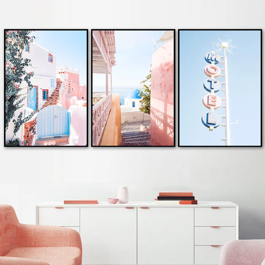 Pink-Building-Telephone-Tooth-Greek-City-Nordic-Posters-And-Prints-Wall-Art-Canvas-Painting-Wall-Pictures (1)