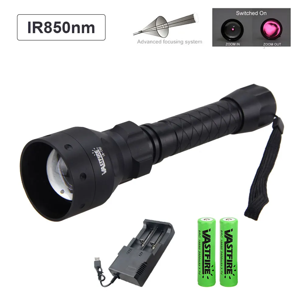 Zoomable Adjustable IR 850nm/940nm Infrared Light Hunting Flashlight Black Night Vision Torch+18650 Battery+Rifle Scope Mount pocket flashlights