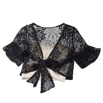 

Women Sun Protection Jacket Summer Fashion Concise All-match Hollow Out Short Style Lace Sexy Short Sleeve Coat N