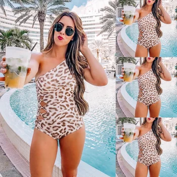 

Womens One Piece Leopard Monokini Swimwear Beachwear Bathing one shoulder Bikini