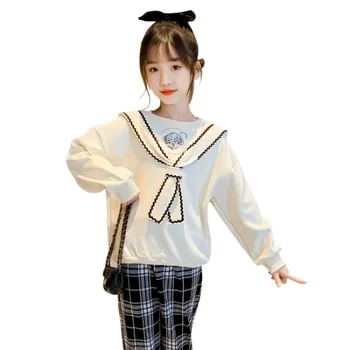 

Girls Velvet Sweater Spring Autumn 2020 New Korean Navy Collar Kids Big Children Long Sleeve Shirt Hoodies