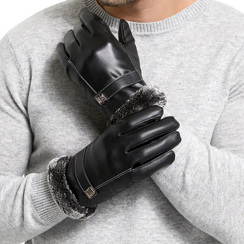 

Men's Winter Leather Gloves Male Touch Screen Outdoor Driving Windproof Keep Warm Gloves Black Men Business Mittens