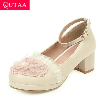 

QUTAA 2020 Square High Heel Shallow Sweet Women Single Shoes Lace Round Toe Buckle Platform PU Leather Ladies Pumps Size 34-43
