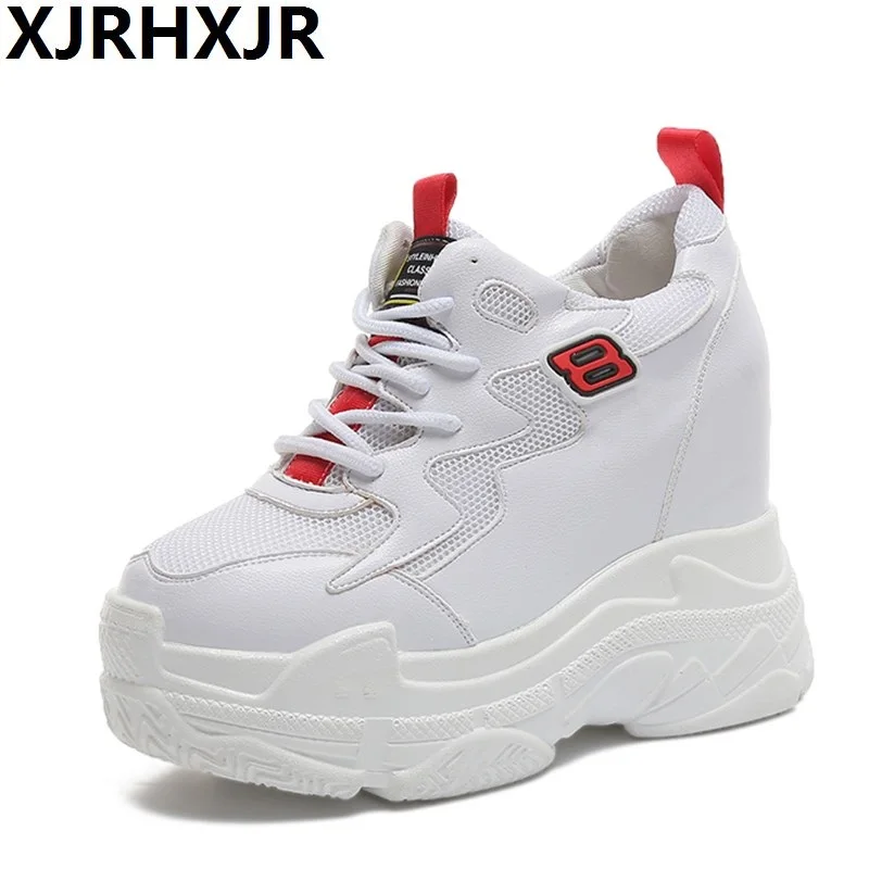 

2019 Autumn Women Sneakers Mesh Casual Platform Trainers White Shoes 12cm Heels Wedges Breathable Woman Height Increasing Shoes