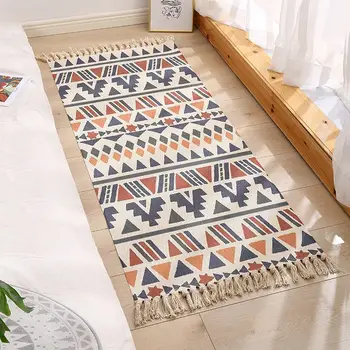 

Retro Bohemian Carpet Hand Woven Cotton Linen Carpet Rug Bedside Rug Geometric Floor Mat Living Room Bedroom Carpet Home Decor