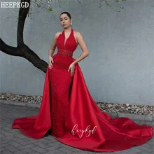 Блестящее Красное длинное вечернее платье русалки,, ручная работа, стразы, пояс, открытая спина, съемный шлейф, Роскошные вечерние платья в Дубае