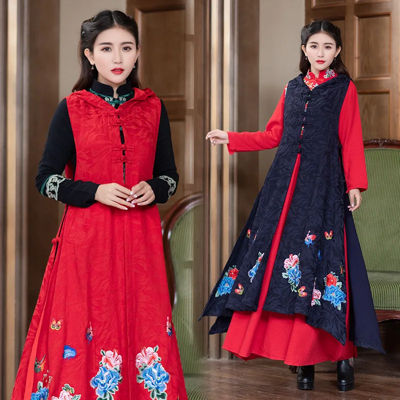 

2018 Autumn And Winter New Ethnic-Style Ladies' Style Industrial Embroidery Hooded Waistcoat Coat Trench Coat