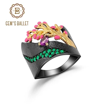 

GEM'S BALLET 925 Sterling Silver Enamel Craft Ring Golden Tree Flowers Stream Natural Amethyst Ring for Women Mom Fine Jewelry