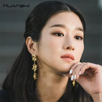 

HUANZHI 2020 Trendy Punk Ye-ji Seo Gold Silver Color Metal Geometric Irregular Long Tassel Drop Earrings for Women Girls Jewelry