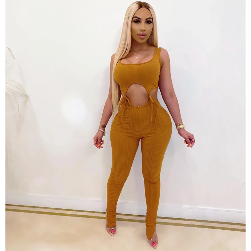 Bandage Bodycon Jumpsuit Long Sleeve Stacked One Piece