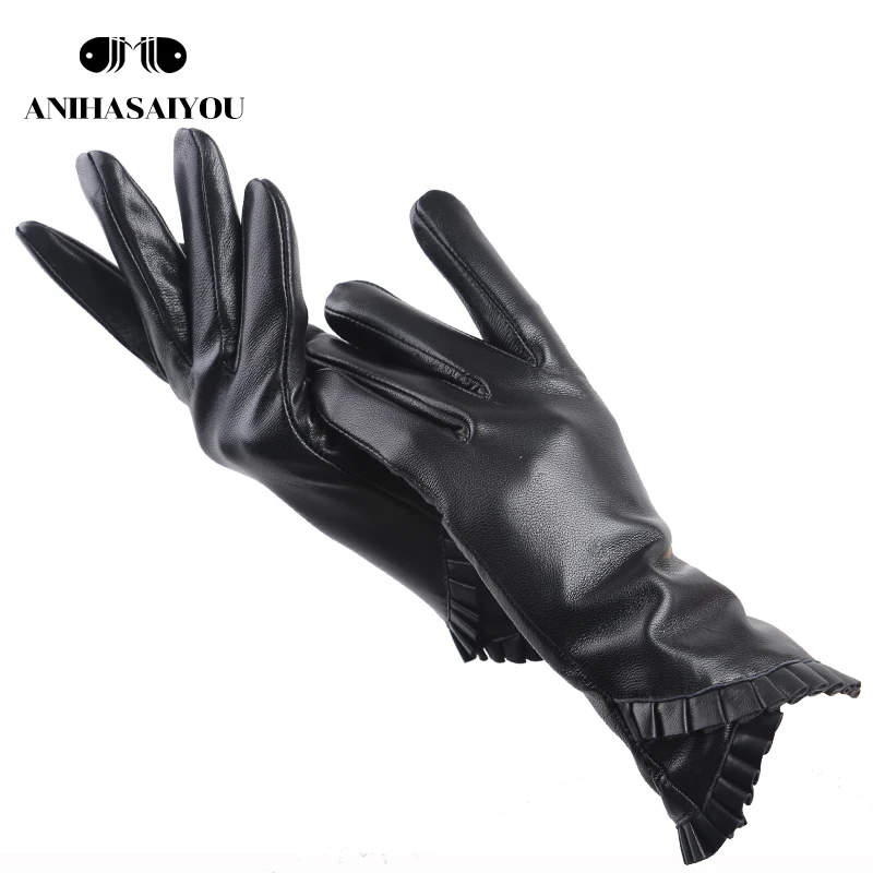 Модные черные женские перчатки из овчины, утолщенные женские зимние перчатки, сохраняющие тепло женские кожаные перчатки-397
