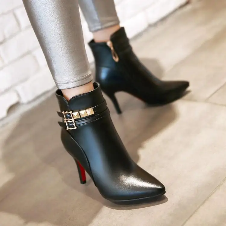 Women's winter boots Europe PU solid color thin heels 9cm fashion ankle boots ZETMTC brand women's shoes red buckle pointed