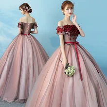 Hand Mae Розовые цветы Красный Тюль бальные платья принцесса сладкий 16 с открытыми плечами Пышное Бальное платье пышное платье выпускного вечера Формальное