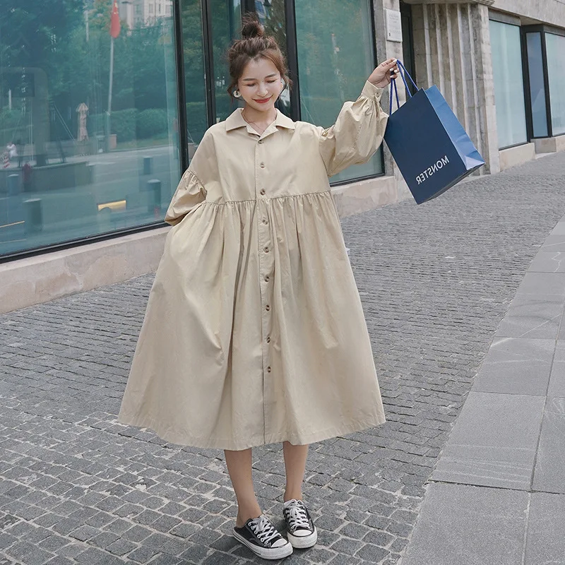 

Long-sleeved Shirt Dress Women's Solid Color Mid-length Korean-style Loose And Plus-sized Fashion Laziness-Style Lantern Sleeve