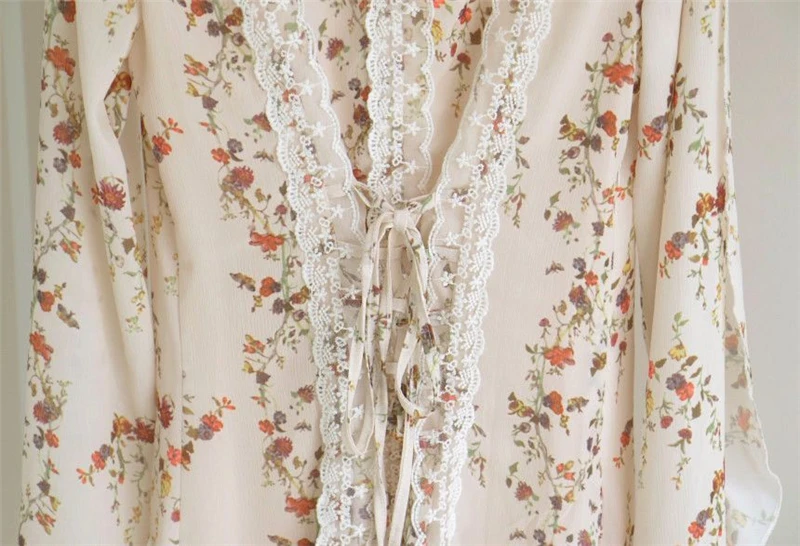 Lace Chiffon Mini Dress Women New Arrivals V-neck Lace Up Slim-fit Floral Print Flared Sleeve Dresses Sweet Sexy Female Spring A