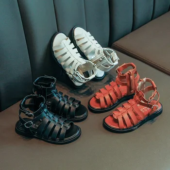 

Girls Sandals Children Boys Girls Roman Sandals Pure Color Woven Shoes New Design Open Toe Beach Shoes with Zipper SZ239