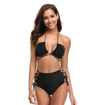 

2020 New Black High Waisted Bikini Swimsuit for Women Halter Straps Sexy Women's Swimming Suit Female Bathing Suit Beachwear#2L6