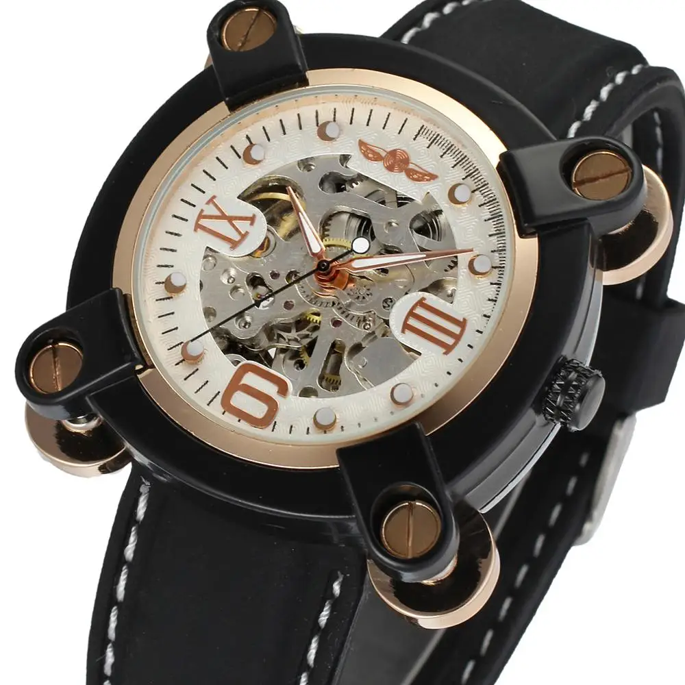 

Winner Irregular Shape Fashion Casual Design Black Gold Case Rubber Band Automatic Mens Watches Top Brand Luxury Erkek Kol Saati