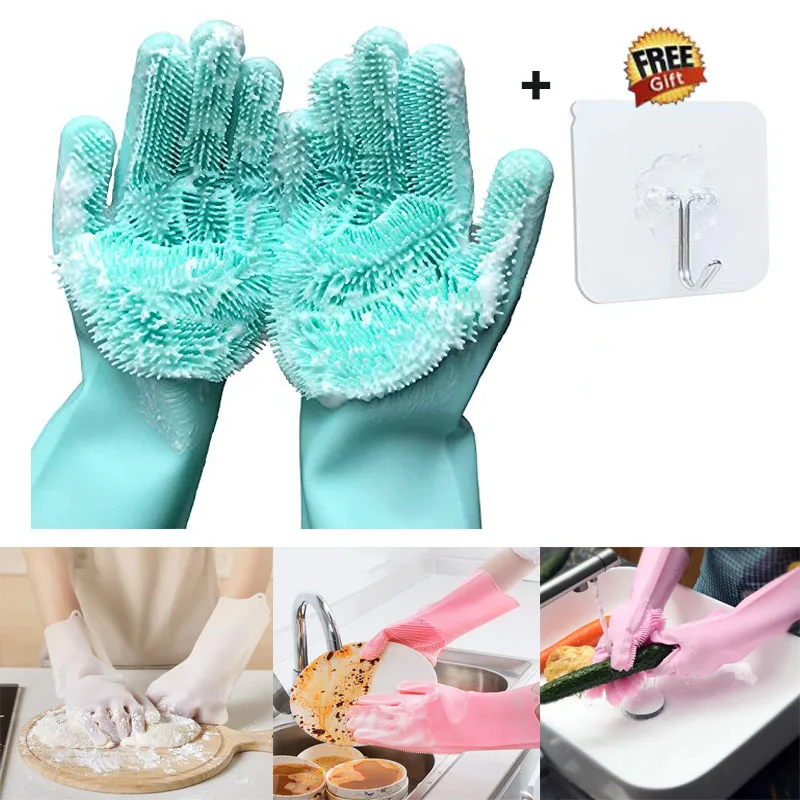 1Pair Silicone Cleaning Gloves Kitchen Accessories Not Hurt Hands Scrubber 