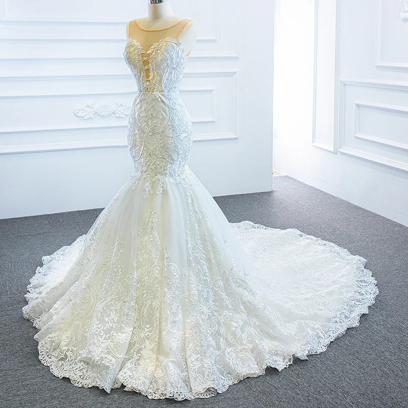 RSM66594 White Sexy Close-fitting 2021 Transparent Lace V-Neck Bridal Wedding Dress Applique Print Pattern Formal Gown 4