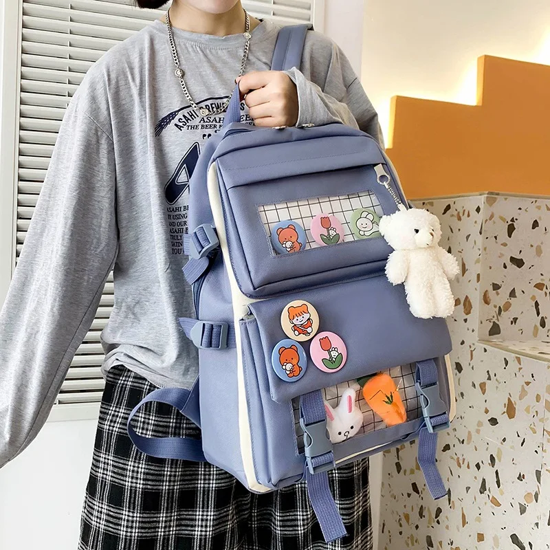 2021 New 4 Pcs Set Kawaii Women's Backpack Purple Colours Cute Canvas School Bags for Teenage Girls College Student Kids BookBag 