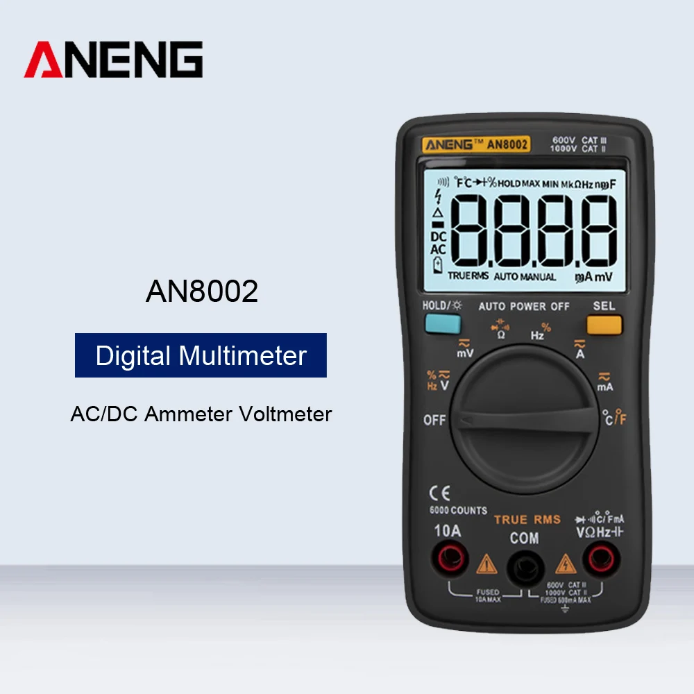 ANENG AN8002 Portable LCD Digital Multimeter 6000 Counts Backlight AC/DC Ammeter Voltmeter Ohm Meter Transistor Capacitor Tester