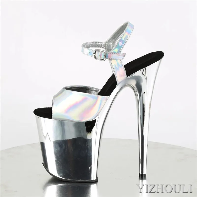 Party stage shoes with 8-inch heels, silver plated 20-cm stiletto sandals, sexy model pole dancing shoes