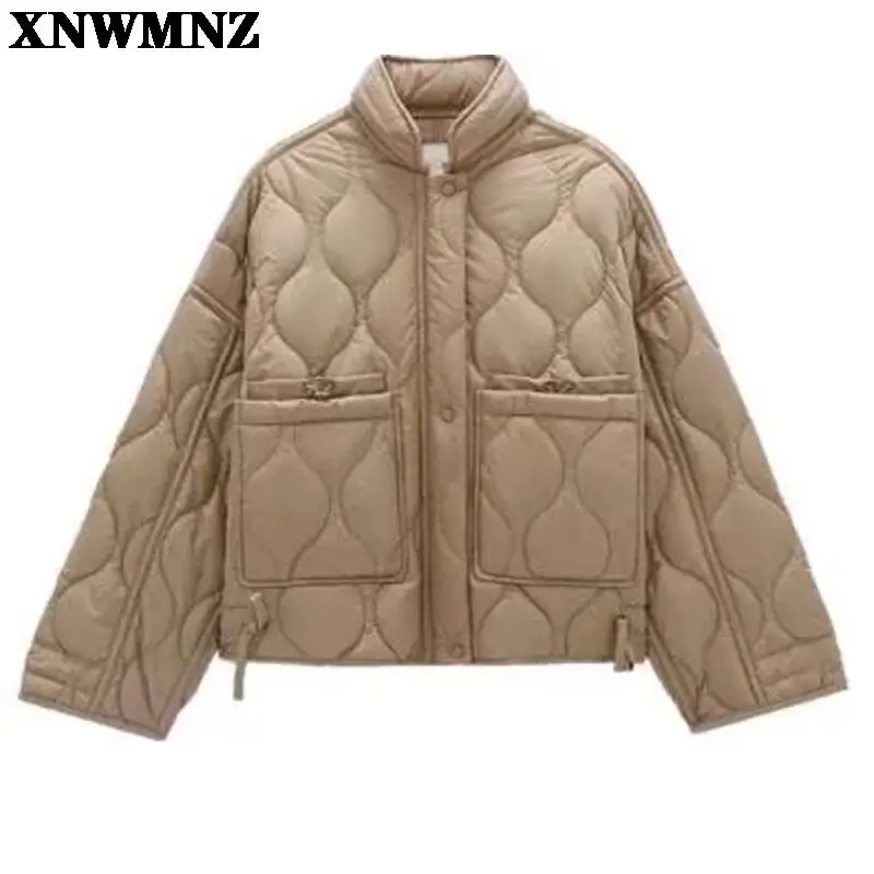 XNWMNZ 2021 Autumn Winter Women Fashion Vintage Plaid Parka Jacket Casual Pockets Cotton Coat Loose Short Outwear Tops Female