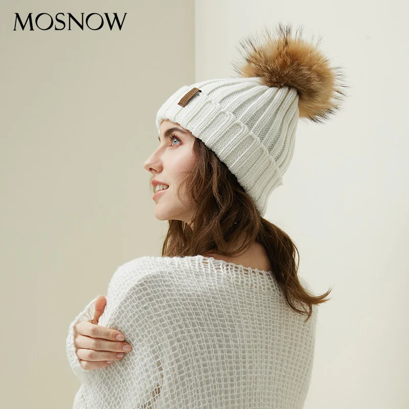 Pom Poms Beanies, зимняя шапка для женщин, Вязаная хлопковая Толстая шапка с натуральным мехом енота, новинка, модная теплая шапка