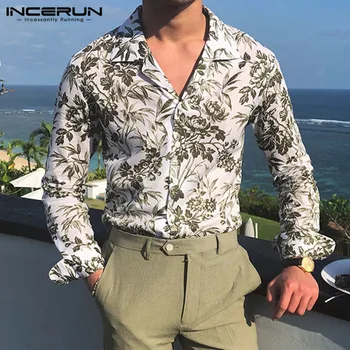 

INCERUN 2020 Fashion Men Long Sleeve Basic Shirt Flower Print Long Sleeve Slim Fit Lapel Neck Tops Hawaiian Brand Shirts Camisa