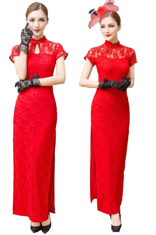 Cheongsam Китайский(Традиционный) Для женщин этап длинное платье Производительность летнее кружевное платье короткий рукав Qipao пикантные Разделение большой Размеры 3XL 4XL 5XL