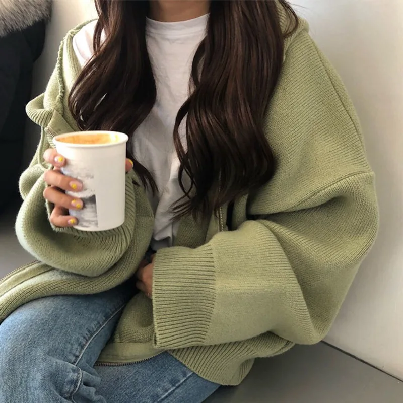 

Autumn Women Sweater Hooded Zippers Loose Cardigan Thick Clothes Female Jacket Big Size Pull Femme Cardigans Lady Winter Coat