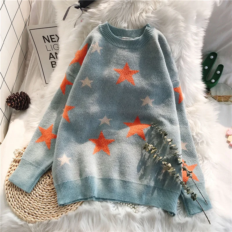 

New Sweater Women Autumn and Winter 2019 Fve-pointed star Pattern O-Neck Pullover Loose Knit Sweater Tops