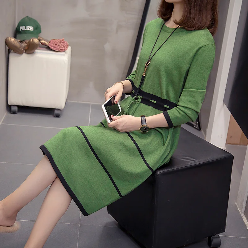 Green XL-4XL размера плюс женское зеленое трикотажное платье зима мода длинный рукав шнурок талия Свободный Повседневный А-силуэт свитер платья - Цвет: Green
